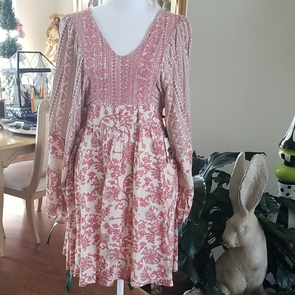 Sincerely Jules Pink and Cream Long-Sleeve Boho Dress